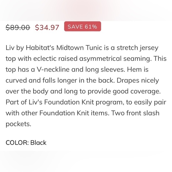 Liv Habitat tunic women medium.Black ,V-neckline,long sleeves  ,curved hem .NWOT - Picture 5 of 13